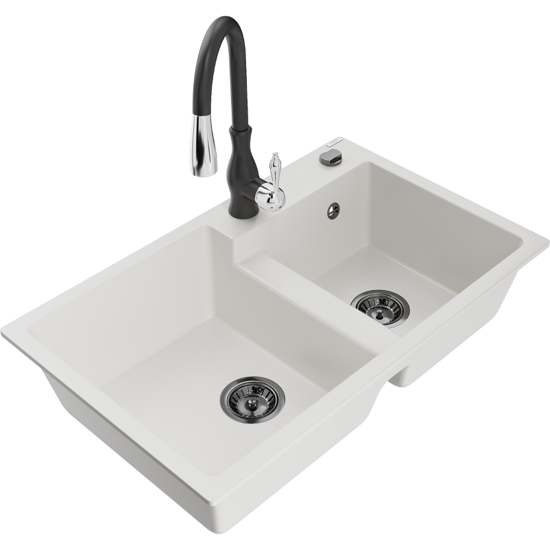 Mexen Tomas 2-compartment granite sink with a kitchen mixer tap Savita, White - 6516-20-672601-70