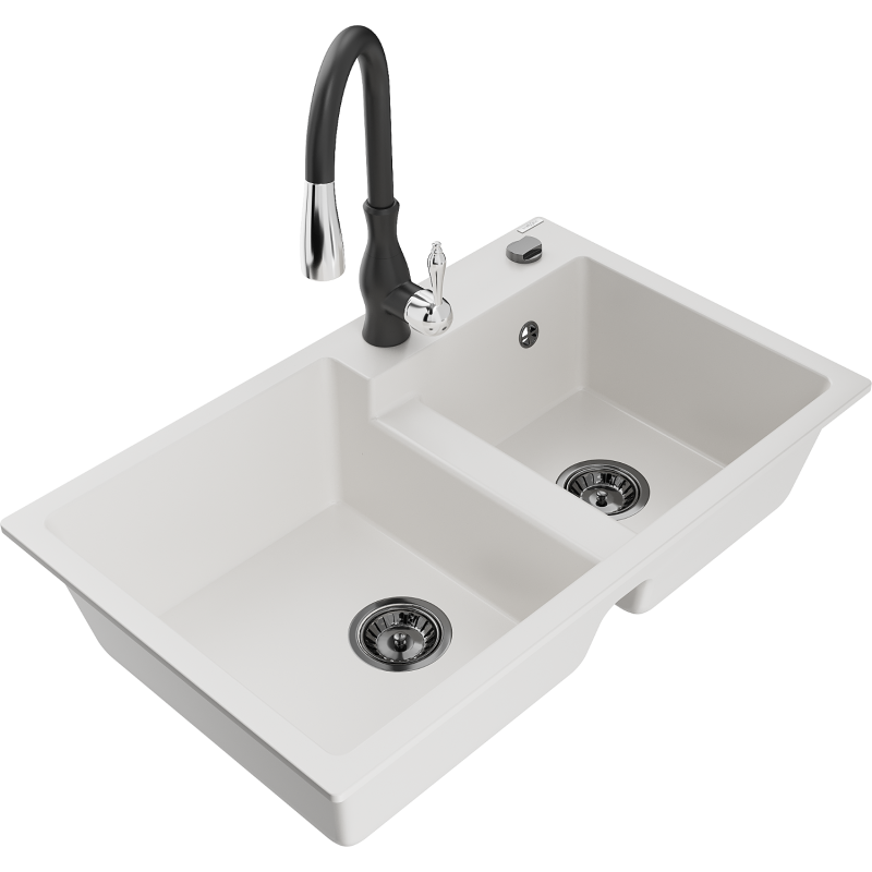 Mexen Tomas granite double-bowl sink with Savita kitchen tap, white - 6516-20-672601-70