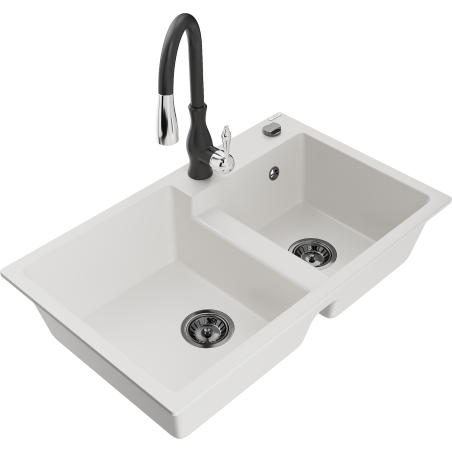 Mexen Tomas 2-bowl granite sink with Savita kitchen faucet, white - 6516-20-672601-70