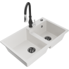 Mexen Tomas 2-bowl granite kitchen sink with Savita faucet, white - 6516-20-672601-70