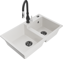 Mexen Tomas 2-bowl granite kitchen sink with Savita faucet, white - 6516-20-672601-70