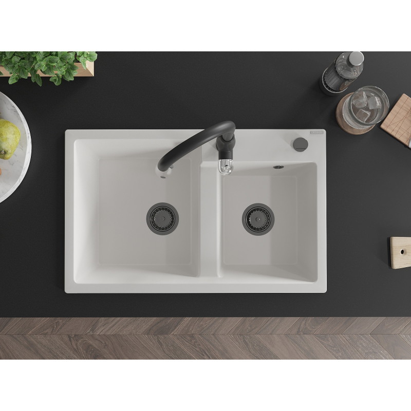 Mexen Tomas 2-bowl granite kitchen sink with Savita faucet, white - 6516-20-672601-70