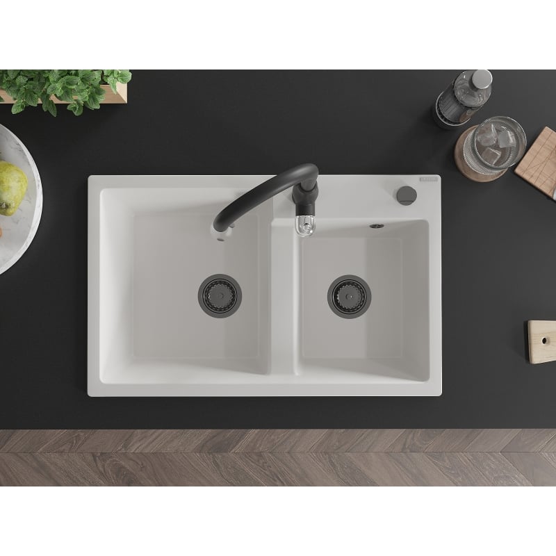 Mexen Tomas 2-bowl granite sink with Savita kitchen faucet, white - 6516-20-672601-70