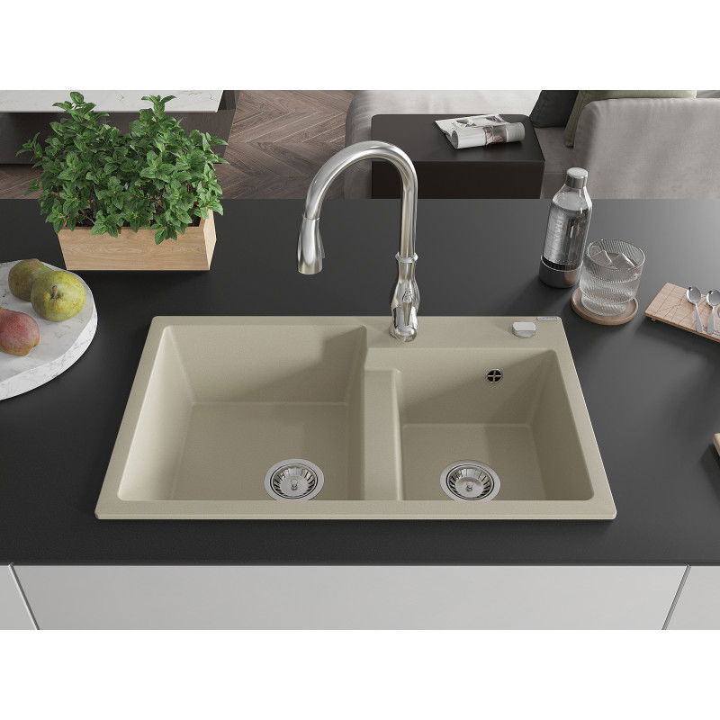 Mexen Tomas granite kitchen sink 2-bowl with Savita kitchen tap, beige - 6516-69-672601-00
