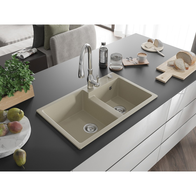 Mexen Tomas granite double-bowl kitchen sink with Savita faucet, beige - 6516-69-672601-00