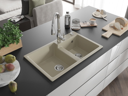 Mexen Tomas granit sink 2-chamber with Savita kitchen faucet, beige - 6516-69-672601-00