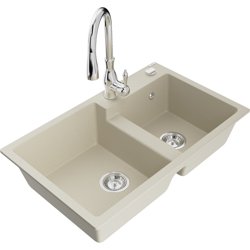 Mexen Tomas granite kitchen sink 2-bowl with Savita kitchen tap, beige - 6516-69-672601-00