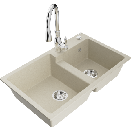 Mexen Tomas granite kitchen sink 2-bowl with Savita kitchen tap, beige - 6516-69-672601-00