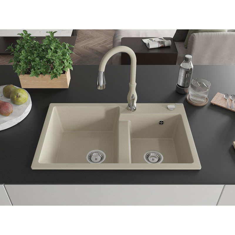 Mexen Tomas granite sink 2-bowl with Savita kitchen tap, beige - 6516-69-672601-69