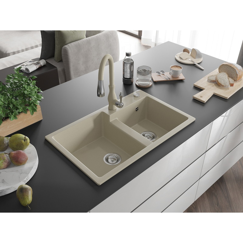 Mexen Tomas 2-bowl granite sink with Savita kitchen faucet, beige - 6516-69-672601-69