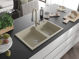 Mexen Tomas 2-compartment granite sink with a kitchen mixer tap Savita, Beige - 6516-69-672601-69