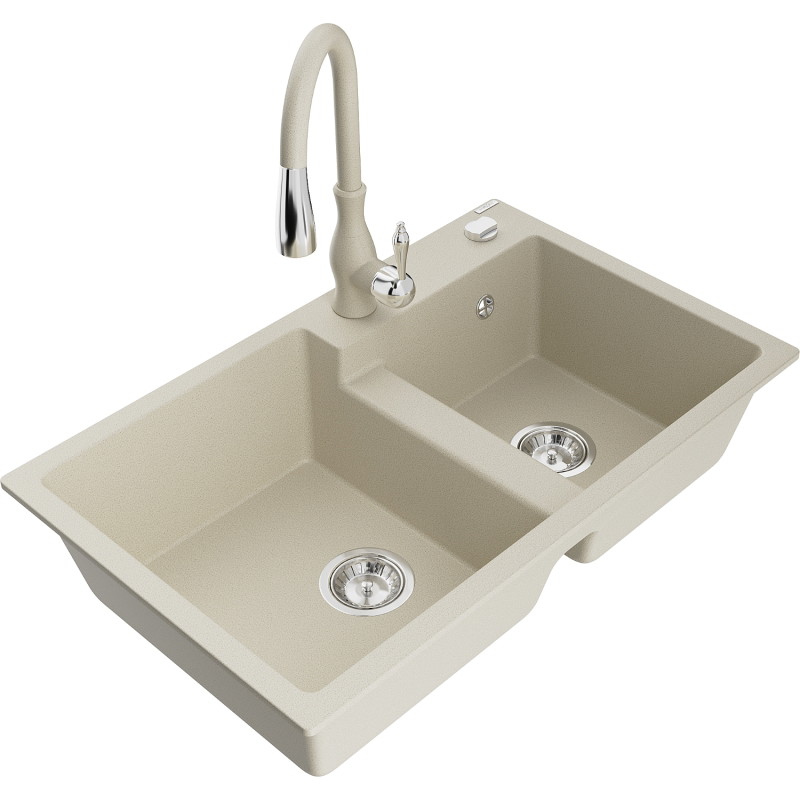 Mexen Tomas 2-bowl granite sink with Savita kitchen faucet, beige - 6516-69-672601-69