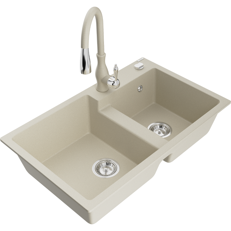 Mexen Tomas granite sink 2-bowl with Savita kitchen tap, beige - 6516-69-672601-69