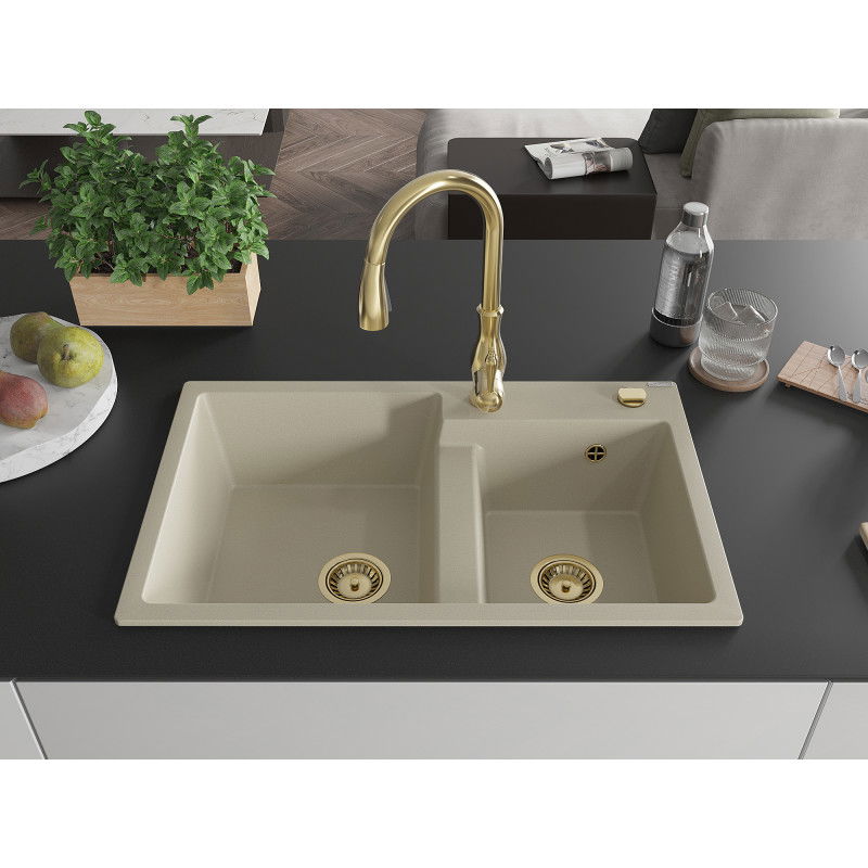 Mexen Tomas granite sink 2-bowl with Savita kitchen tap, beige - 6516-69-672601-50