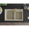 Mexen Tomas 2-bowl granite sink with Savita kitchen faucet, beige - 6516-69-672601-50