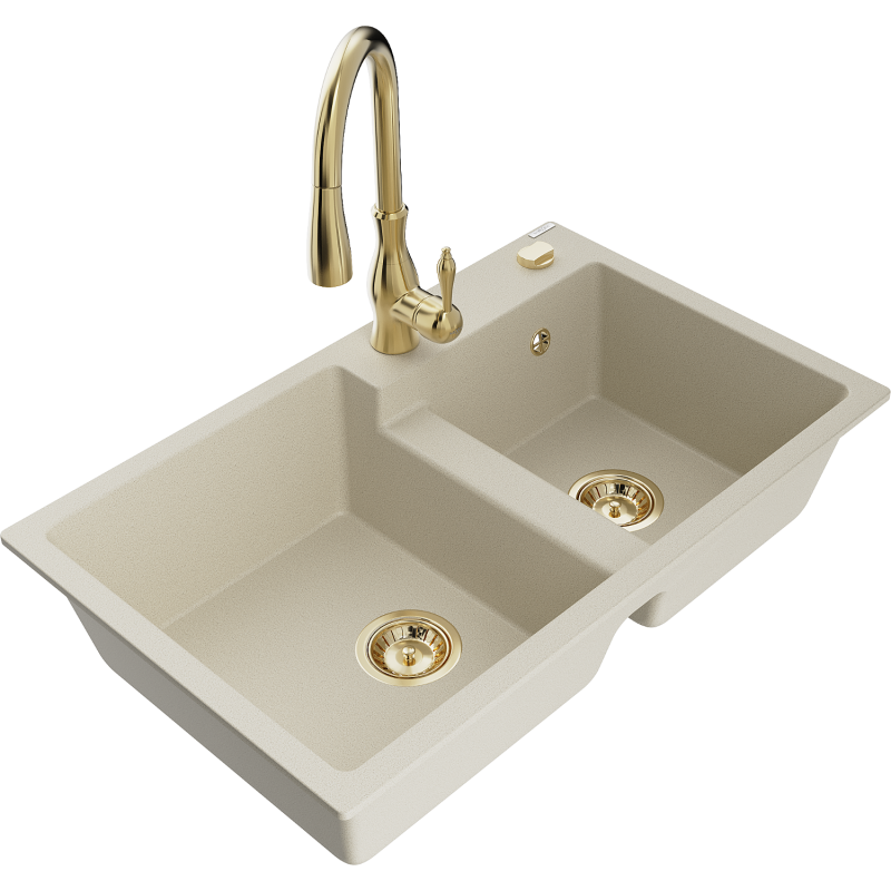 Mexen Tomas granite sink 2-bowl with Savita kitchen tap, beige - 6516-69-672601-50