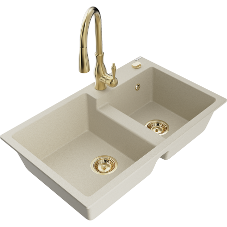Mexen Tomas 2-bowl granite sink with Savita kitchen faucet, beige - 6516-69-672601-50