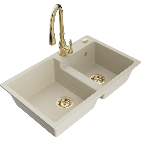 Mexen Tomas 2-compartment granite sink with a kitchen mixer tap Savita, Beige - 6516-69-672601-50