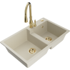 Mexen Tomas 2-bowl granite sink with Savita kitchen faucet, beige - 6516-69-672601-50