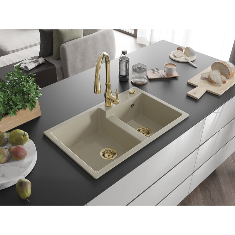 Mexen Tomas 2-bowl granite sink with Savita kitchen faucet, beige - 6516-69-672601-50