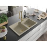 Mexen Tomas 2-bowl granite sink with Savita kitchen faucet, beige - 6516-69-672601-50