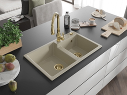 Mexen Tomas 2-bowl granite sink with Savita kitchen faucet, beige - 6516-69-672601-50