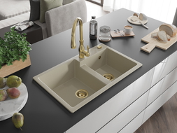 Mexen Tomas 2-compartment granite sink with a kitchen mixer tap Savita, Beige - 6516-69-672601-50