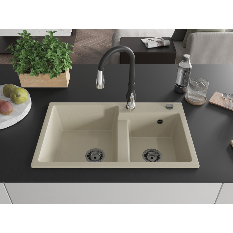 Mexen Tomas 2-bowl granite kitchen sink with Savita faucet, beige - 6516-69-672601-70
