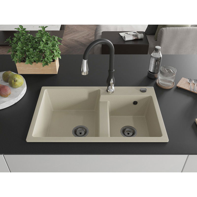 Mexen Tomas granite sink 2-bowl with Savita kitchen tap, beige - 6516-69-672601-70