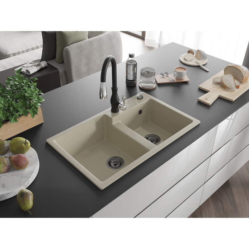 Mexen Tomas 2-bowl granite kitchen sink with Savita faucet, beige - 6516-69-672601-70