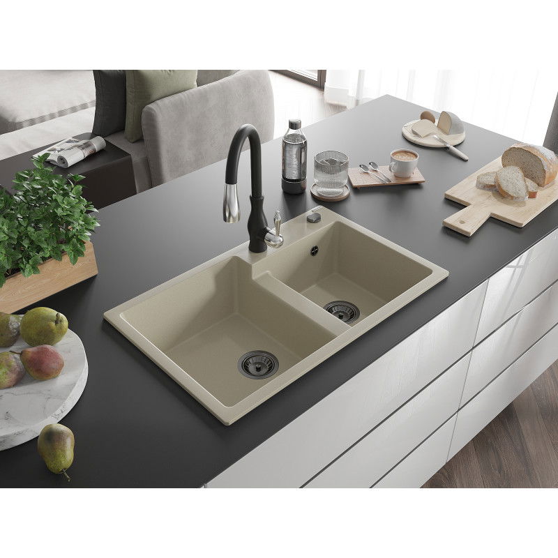 Mexen Tomas granite sink 2-bowl with Savita kitchen tap, beige - 6516-69-672601-70