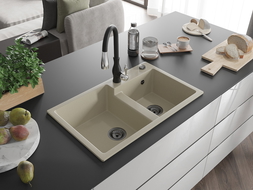 Mexen Tomas granite sink 2-bowl with Savita kitchen tap, beige - 6516-69-672601-70