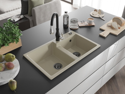 Mexen Tomas granite sink 2-chamber with Savita kitchen faucet, beige - 6516-69-672601-70