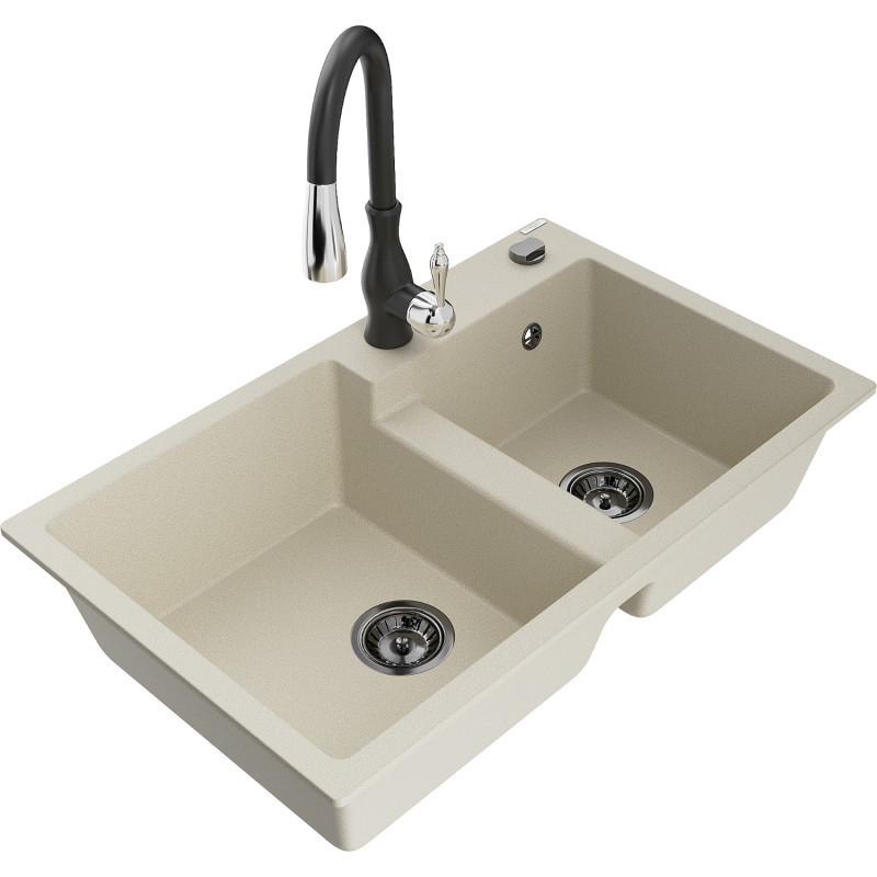 Mexen Tomas 2-bowl granite kitchen sink with Savita faucet, beige - 6516-69-672601-70