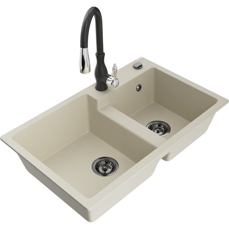 Mexen Tomas granite sink 2-bowl with Savita kitchen tap, beige - 6516-69-672601-70