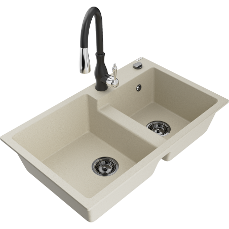 Mexen Tomas 2-bowl granite kitchen sink with Savita faucet, beige - 6516-69-672601-70