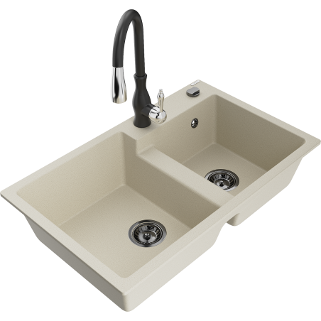 Mexen Tomas granite sink 2-chamber with Savita kitchen faucet, beige - 6516-69-672601-70