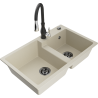 Mexen Tomas granite sink 2-bowl with Savita kitchen tap, beige - 6516-69-672601-70