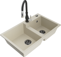 Mexen Tomas granite sink 2-chamber with Savita kitchen faucet, beige - 6516-69-672601-70