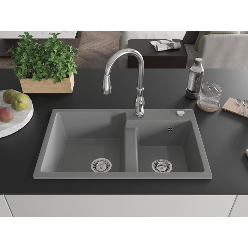 Mexen Tomas 2-bowl granite kitchen sink with Savita kitchen faucet, gray - 6516-71-672601-00