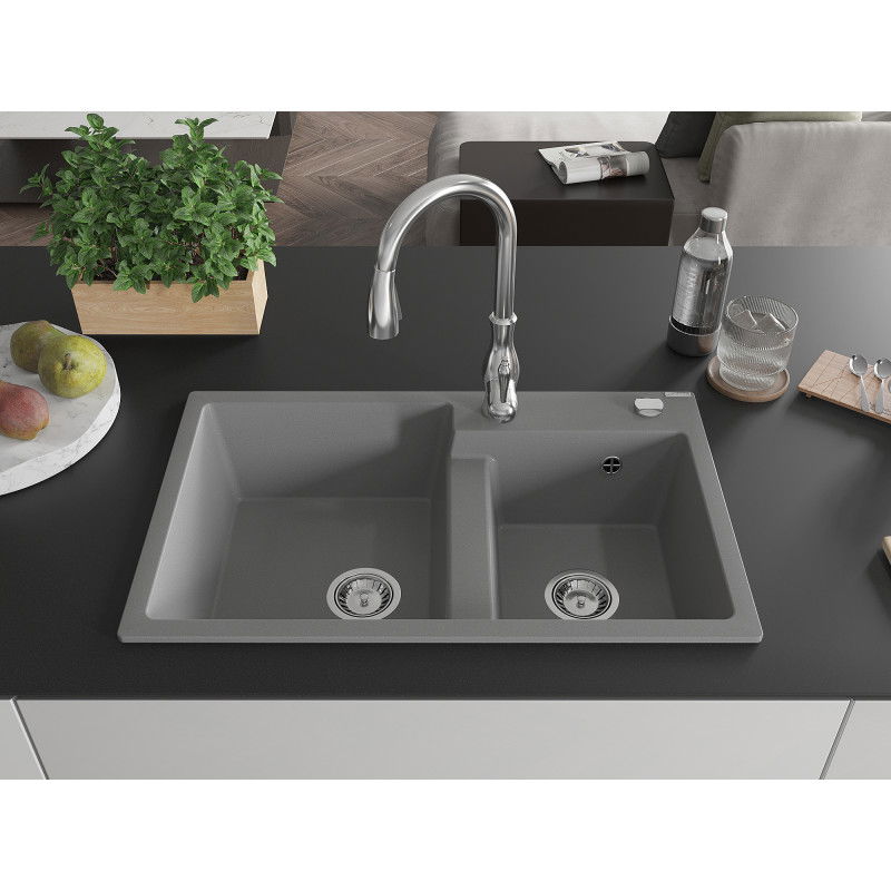 Mexen Tomas 2-bowl granite sink with Savita kitchen tap, grey - 6516-71-672601-00