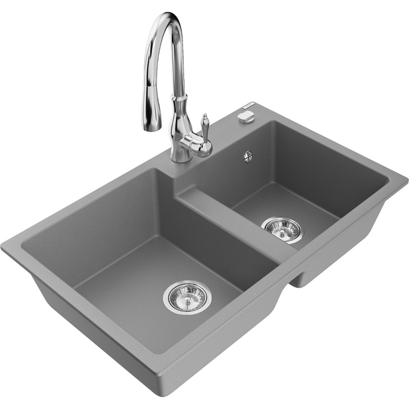 Mexen Tomas 2-bowl granite kitchen sink with Savita kitchen faucet, gray - 6516-71-672601-00