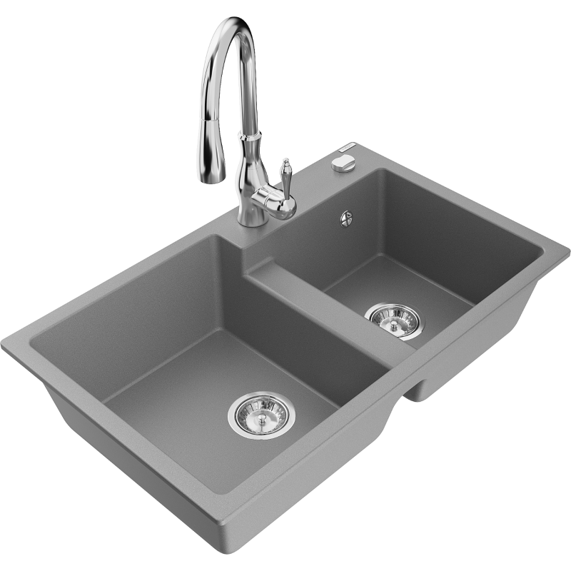 Mexen Tomas 2-compartment granite sink with a kitchen mixer tap Savita, Grey - 6516-71-672601-00