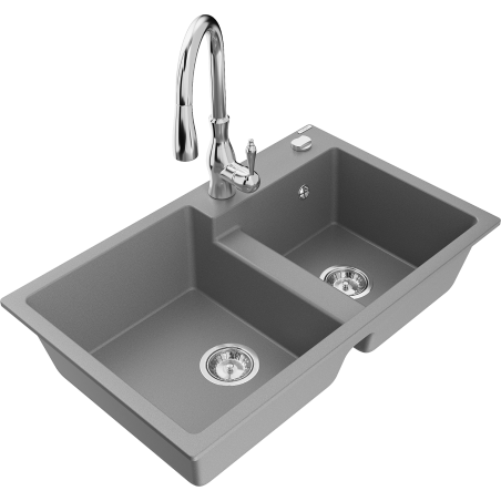 Mexen Tomas 2-bowl granite kitchen sink with Savita kitchen faucet, gray - 6516-71-672601-00