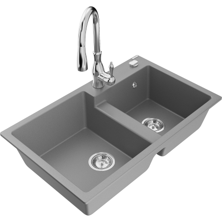 Mexen Tomas 2-bowl granite sink with Savita kitchen tap, grey - 6516-71-672601-00