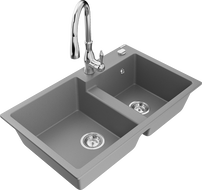 Mexen Tomas 2-bowl granite kitchen sink with Savita kitchen faucet, gray - 6516-71-672601-00