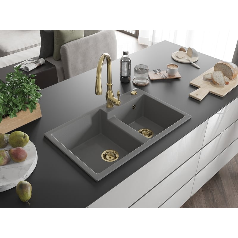 Mexen Tomas 2-bowl granite sink with Savita kitchen faucet, gray - 6516-71-672601-50