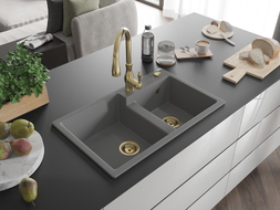 Mexen Tomas 2-bowl granite sink with Savita kitchen faucet, gray - 6516-71-672601-50