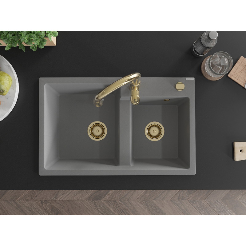 Mexen Tomas 2-bowl granite sink with Savita kitchen faucet, gray - 6516-71-672601-50
