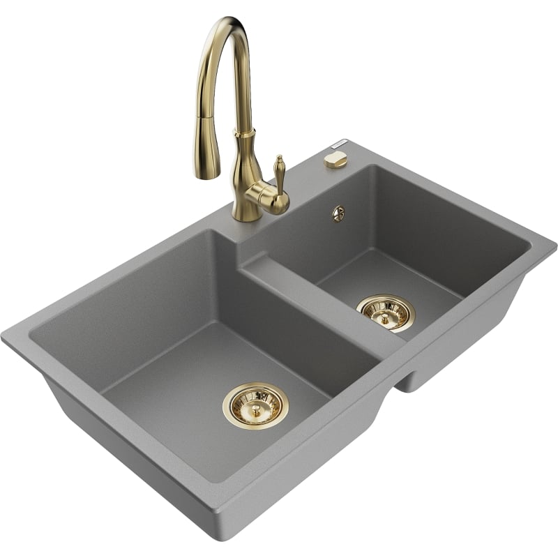 Mexen Tomas 2-bowl granite sink with Savita kitchen faucet, gray - 6516-71-672601-50